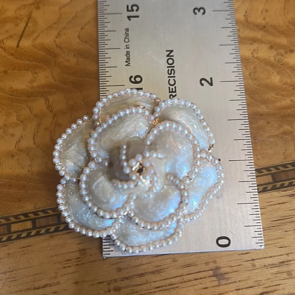 Pearl Camellia Flower Brooch Pin Ivory White Couture Style
